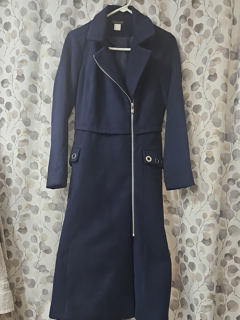VENUS Navy Long Asymmetric Zip Trench Coat